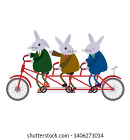 Funny cute cartoon hares ride a three seater tandem bicycle