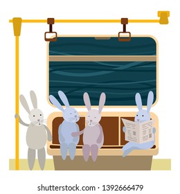 Funny cute cartoon hares in the subway