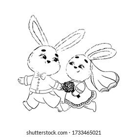 Funny cute cartoon illustration of a couple of bunnies in love. Picture for love card, wedding invitation in sketch style isolated on white background.