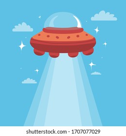 Funny cute cartoon illustration of UFO isolated on blue background. Design for t-shirt, greeting cards, parties, posters, stickers, decor, cover etc