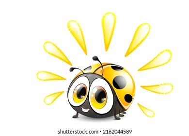 Funny cute cartoon LadyBug with sun rays. Summer concept.