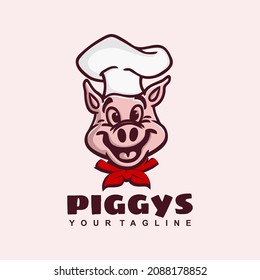 Funny Cute Cartoon Mascot Character Pig Chef Vector Logo Design Template