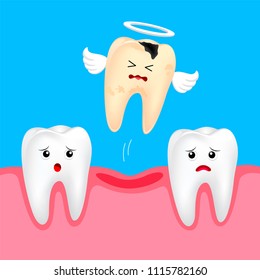 Funny cute cartoon missing tooth. Dental care concept. Illustration isolated on blue background.