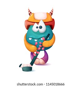 Funny, cute cartoon monster characters. Hockey illustration. Vector eps 10