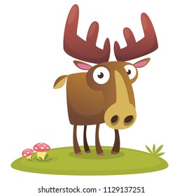 Funny cute cartoon moose character standing on the meadow background with a gras mushroom and flowers. Vector moose illustration isolated. 