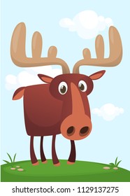 Funny cute cartoon moose character standing on the meadow background with a gras mushroom and flowers. Vector moose illustration isolated. 