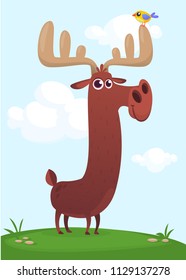 Funny cute cartoon moose character standing on the meadow background with a gras mushroom and flowers. Vector moose illustration isolated. 