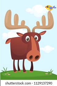 Funny cute cartoon moose character standing on the meadow background with a gras mushroom and flowers. Vector moose illustration isolated. 
