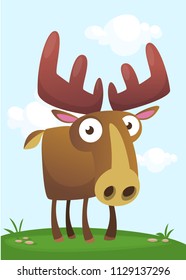 Funny cute cartoon moose character standing on the meadow background with a gras mushroom and flowers. Vector moose illustration isolated. 