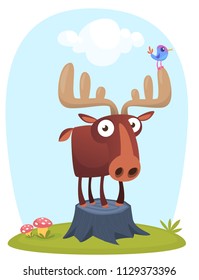 Funny cute cartoon moose character standing on the meadow background with a gras mushroom and flowers. Vector moose illustration isolated. 