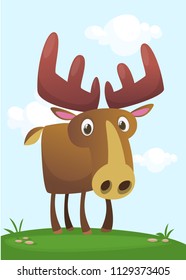 Funny cute cartoon moose character standing on the meadow background with a gras mushroom and flowers. Vector moose illustration isolated. 