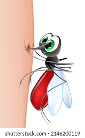 El gracioso mosquito de dibujos animados muerde la piel humana.