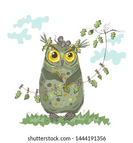Funny cute cartoon owl. Children illustration. Vector hand drawn picture.