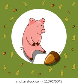 funny cute cartoon pig with acorn