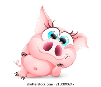 Funny cute cartoon pink lying cartoon girl pig. Isolated