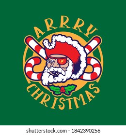 Funny Cute Cartoon Pirate Head Wearing Santas Hat Christmas Design