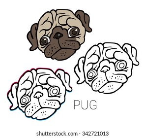 funny cute cartoon pug - puppy's head isolated on a white background