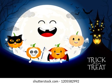 Funny cute cartoon pumpkin character. Dracula, ghost, black cat and skull in moon night background.  Trick or treat, happy Halloween concept. Design for banner, poster, greeting card. Illustration.