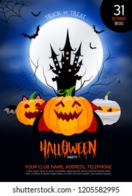 Funny cute cartoon pumpkin character. Dracula, bat and mummy in moon night.  Trick or treat, happy Halloween concept. Design for banner, poster, greeting card. Illustration.