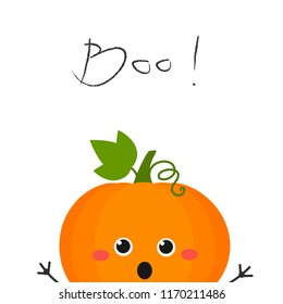 Funny cute cartoon pumpkin peeking out and scaring “Boo”. Vector flat illustration isolated on white background