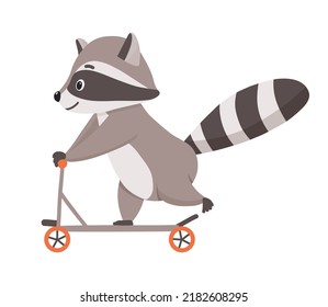 Funny cute cartoon raccoon riding scooter. Vector illustration of small raccoon character isolated on white