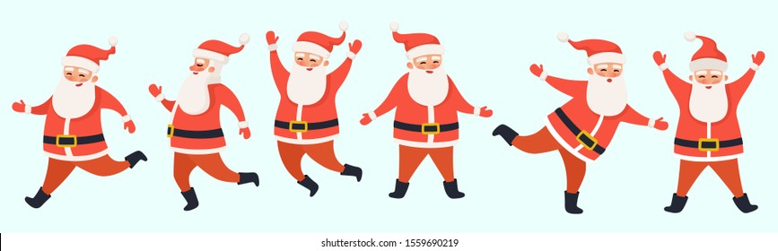 Funny cute cartoon Santa Claus character dancing and running. Happy New Year and Merry Christmas card. Vector Merry Christmas illustration.