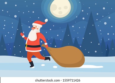 Funny cute cartoon Santa Claus character running on celebration with Christmas bag, against the moon and beautiful night forest. Happy New Year and Merry Christmas landscape card. Vector illustration.