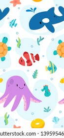 Funny Cute Cartoon sea life ocean seamless pattern backgound wallpaper designs for kids