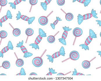 Funny cute cartoon seamless pattern with sweet blue and pink candies, stars and decoration. Endless cute pattern with sweet candy on white background. Blue candies wrapped and colored vector seamless