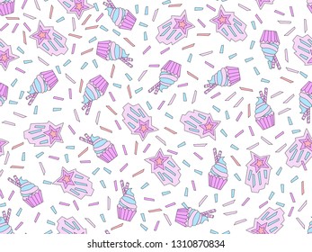 Funny cute cartoon seamless pattern with sweet blue and pink cupcakes, confetti and decoration. Endless cute pattern with sweet cup cake on white background. Blue cream cupcakes colored seamless