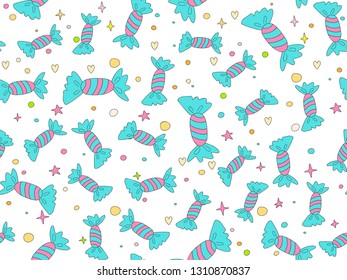 Funny cute cartoon seamless pattern with sweet blue and pink candies, stars and decoration. Endless cute pattern with sweet candy on white background. Blue candies wrapped and colored vector seamless