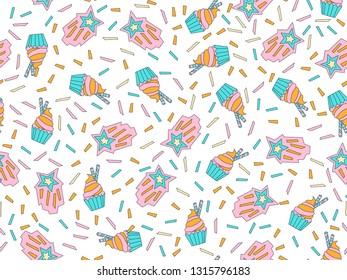 Funny cute cartoon seamless pattern with sweet blue and pink cupcakes, confetti and decoration. Endless cute pattern with sweet cup cake on white background. Blue cream cupcakes colored seamless