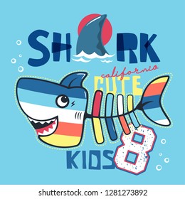 Funny cute cartoon shark bone isolated on blue background illustration vector, T-shirt design for kids.