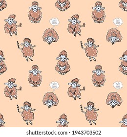 Funny cute cartoon sheeps vector seamless pattern. Sheep with flower, sleeping, reading and walking sheeps cartoon doodle style graphic illustration.