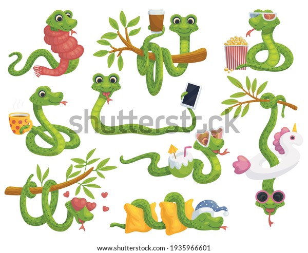 Funny cute cartoon snakes characters set, flat\
vector illustration\
isolated.