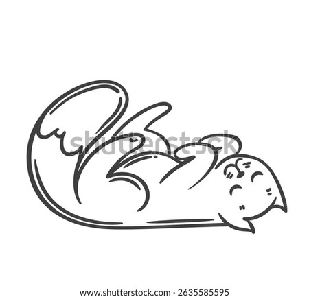Funny and cute cartoon style cat outline laying on its back with fluffy tail and happy face. Cat outline vector illustration for coloring, children art, stickers, or prints