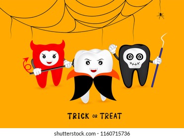 Funny cute cartoon tooth character. Dracula, Skull and devil with cobweb. happy Halloween concept. Design for banner, poster, greeting card. Illustration.