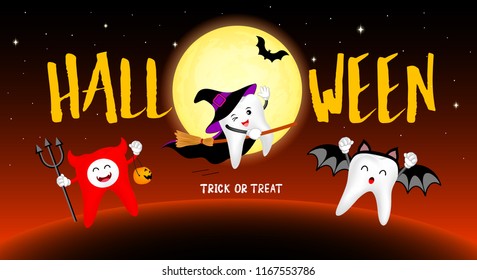 Funny cute cartoon tooth character. witch, bat and devil in moon night. Happy Halloween concept. Design for banner, poster, greeting card. Illustration.