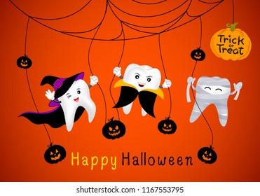 Funny cute cartoon tooth character. witch, mummy and Dracula in moon night. Happy Halloween concept. Design for banner, poster, greeting card. Illustration.