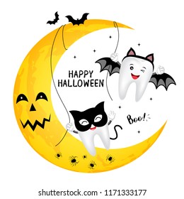 Funny cute cartoon tooth character. black cat and bat, happy Halloween day concept. Design for banner, poster, greeting card. Illustration.