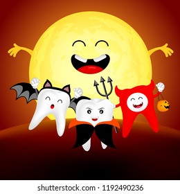 Funny cute cartoon tooth character. Dracula, devil, and bat in moon night, happy Halloween concept. Design for banner, poster, greeting card. Illustration.