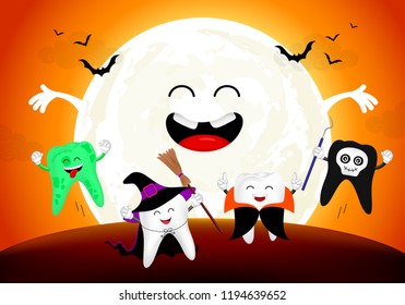 Funny cute cartoon tooth character. witch, zombie, Dracula and ghost in moon night, happy Halloween concept. Design for banner, poster, greeting card. Illustration.