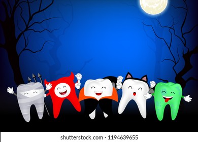 Funny cute cartoon tooth character. Mummy, Devil, Drucula, bat and zombie in moon night, happy Halloween concept. Design for banner, poster, greeting card. Illustration.