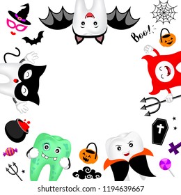 Funny cute cartoon tooth character with copy space. Zombie, devil, Dracula, bat, black cat and Halloween ornaments. Happy Halloween concept. Design for banner, poster, greeting card. Illustration.