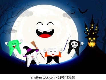 Funny cute cartoon tooth character. witch, Dracula, skull and zombie in moon night. Happy Halloween concept. Design for banner, poster, greeting card. Illustration.