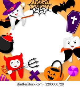 Funny cute cartoon tooth character with white paper space. Witch, devil, Dracula and Halloween ornaments. Happy Halloween concept. Design for banner, poster, greeting card. Illustration.
