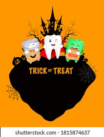 Funny cute cartoon tooth character. Dracula, mummy and zombie. happy Halloween concept. Design for banner, poster, greeting card. Illustration.