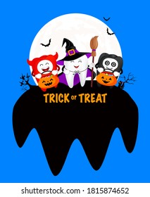 Funny cute cartoon tooth character. Witch, devil and skull. Happy Halloween concept. Design for banner, poster, greeting card. Illustration.