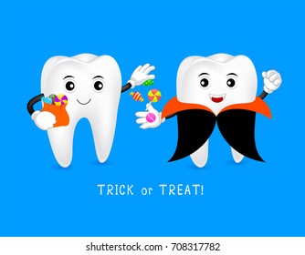 Funny Cute cartoon tooth character, dracula with candies. Trick or Treat concept, Happy  Halloween day,  illustration on blue background.