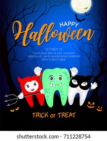 Funny cute cartoon tooth character. Zombie, devil and black cat in moon night, happy Halloween concept. Design for banner, poster, greeting card. Illustration.